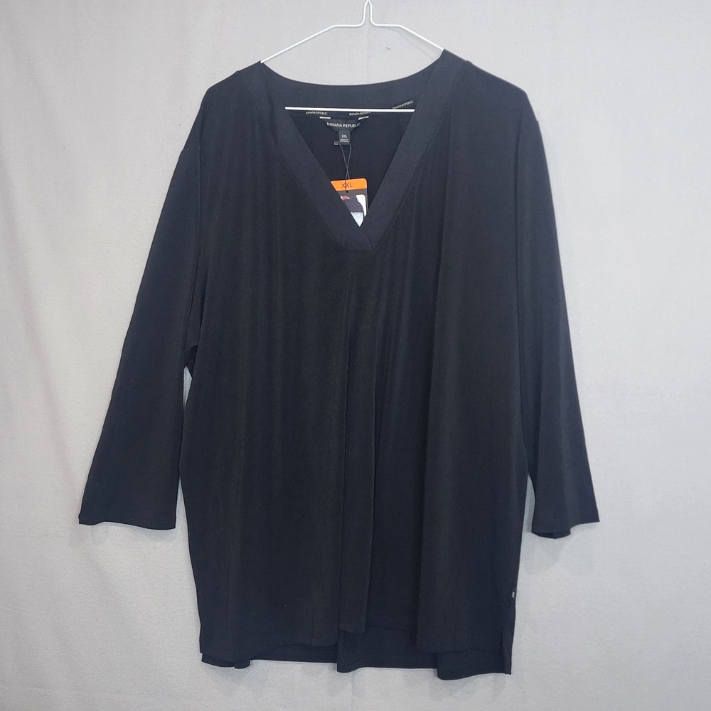 Banana Republic V-Neck Blouse Black‎ 3/4 Sleeve High-Low Hem Womens XXL NWT